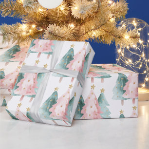 Papier Cadeau Arbres de Noël verts roses étoiles d'or