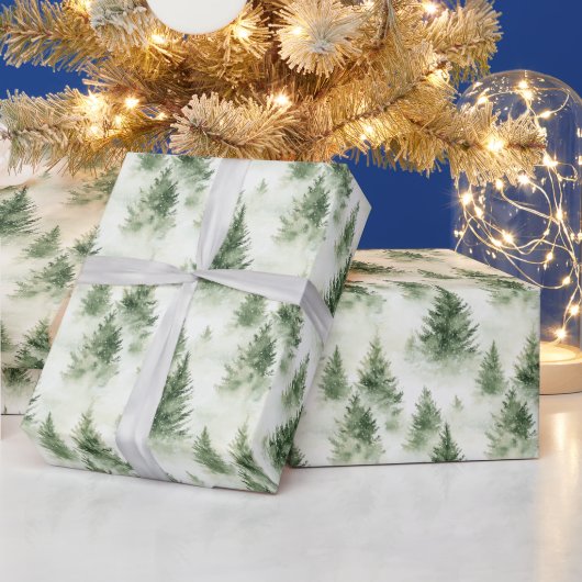 Papier Cadeau Arbres de Noël verts sur vert pâle (Vacances)
