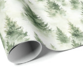 Papier Cadeau Arbres de Noël verts sur vert pâle (Coin rond)