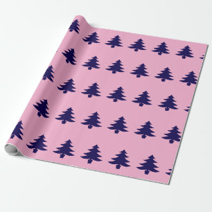 Papier Cadeau Arbres de Noël Whimsical Bleu foncé sur rose clair