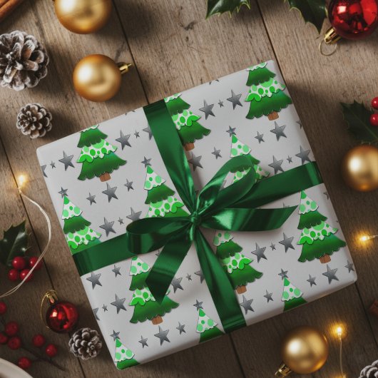 Papier Cadeau Arbres de Noël Whimsical et étoiles d'argent moder