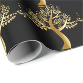 Papier Cadeau Arbres dorés avec feuilles de cœurs dorés sur fond (Coin rond)