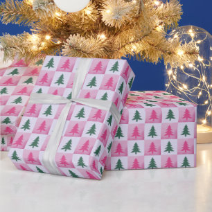 Papier Cadeau Arbres en damier rose et vert Noël moderne