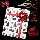 Papier Cadeau Arbres et cadeaux de Noël blancs et d'or modélisés<br><div class="desc">Cadeaux modernes Noir,  Blanc et Or Présentations,  Arbres de Noël et Papier à enveloppement à motifs d'étoiles.</div>