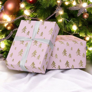Papier Cadeau Arbres rose or illustration motif de noël