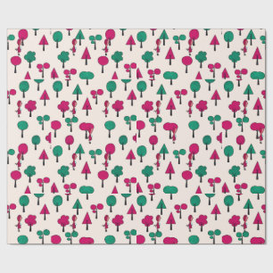 Papier Cadeau Arbres rouges et verts avec fille