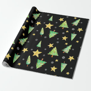 Papier Cadeau Arbres Stars et Snowflakes sur cadeau noir