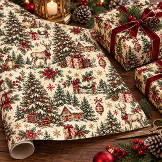 Papier Cadeau Arbres verts forestiers antiques de Noël vintage