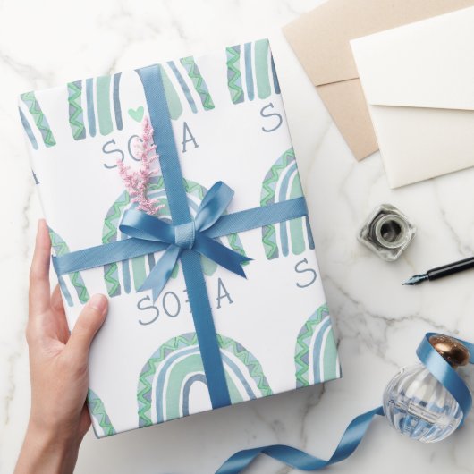 Papier Cadeau Arc-en-ciel bleu et vert à la menthe (Cadeaux)