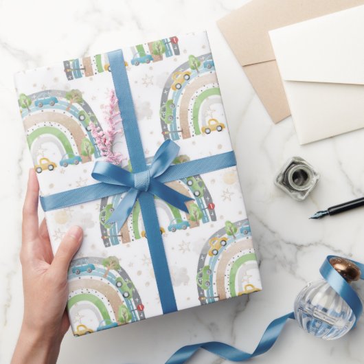 Papier Cadeau Arc-en-ciel bleu et vert avec voitures Street Sign (Cadeaux)