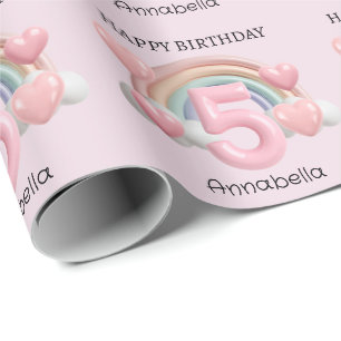 Papier Cadeau Arc-en-ciel et Cœurs 3D 5e Fête d'anniversaire ros