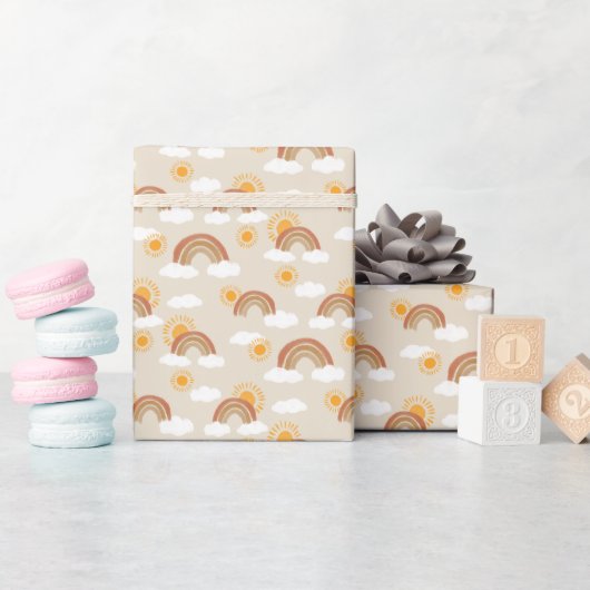 Papier Cadeau Arc-en-ciel et Soleil doré avec nuages (Baby Shower)