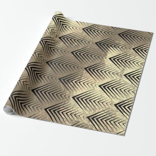 Papier Cadeau Arcs Triangles Art Déco Noir Champaigne Or (Déroulé)