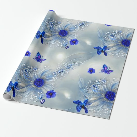Papier Cadeau Argent élégant, bleu et gris floral et papillon (Déroulé)