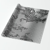 Papier Cadeau Argent gris métal cristal Damas Coeurs Noir (Déroulé)