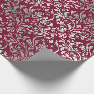 Papier Cadeau Argent marron floral de Bourgogne de damassé