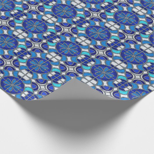 Papier Cadeau Argent Métallisé, Style Vitrail Teinté de Bleu (Coin)