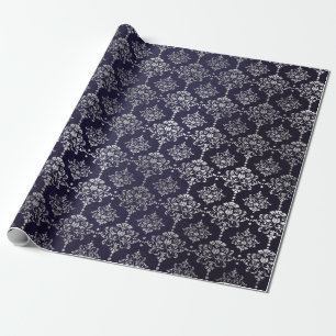 Papier Cadeau Argent Royal Blue Navy Gris Floral Damask Vip