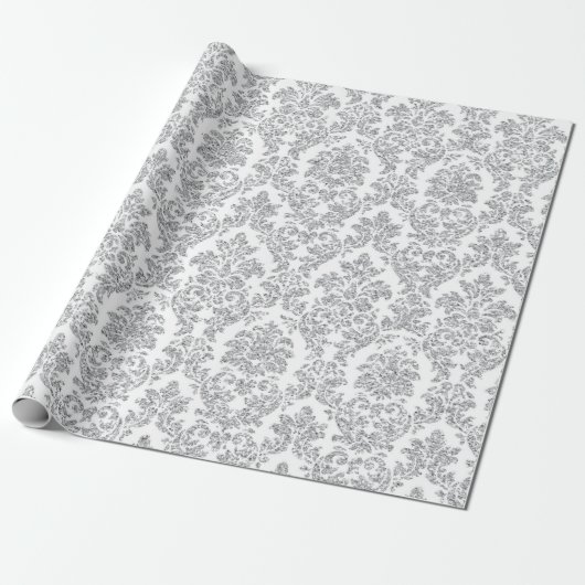 Papier Cadeau Argent Royal Floral Damask Blanc Grey Vip (Déroulé)