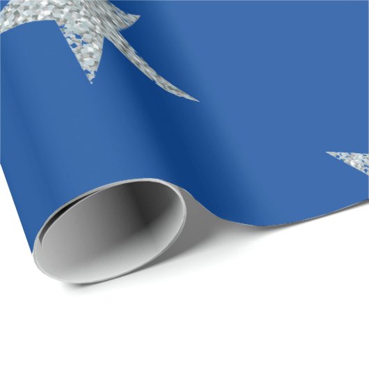 Papier Cadeau Argent Stars Bleu Simple (Coin rond)