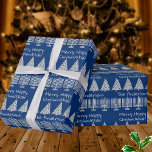 Papier Cadeau Argent Sur Bleu Joyeux Joyeux Fêtes Chrismukkah<br><div class="desc">Ajoutez votre nom à ce papier d'emballage de vacances Joyeux Chrismukkah classique dans un motif festif en argent et bleu de Menorahs et arbres de Noël. Simple et amusant, cet emballage cadeau est le choix idéal pour les familles mixtes qui fêtent à la fois Hanoukka et Noël. Avec des oeuvres...</div>