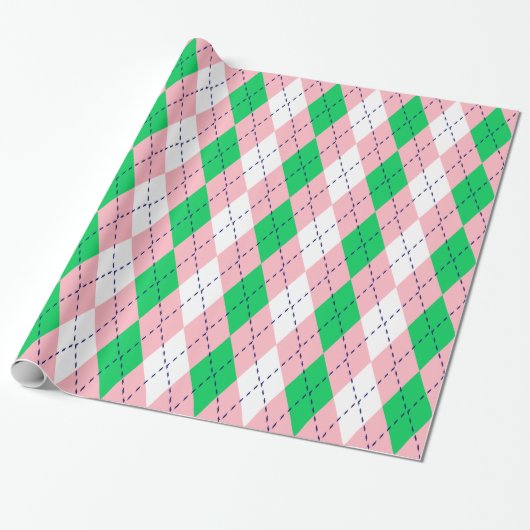 Papier Cadeau Argyle XL Rose Navy Vert Blanc (Déroulé)