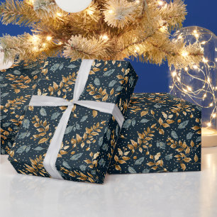 Papier Cadeau Arrière - plan Bleu Avec Or & Turquoise Grey Holly