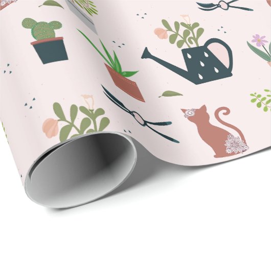 Papier Cadeau Arrosage Can Chats Plante Cute Jardinage Motif (Coin rond)