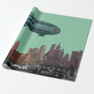 PAPIER CADEAU ART 1930'S BLIMP NEW YORK CITY SKYLINE VOTRE TEXTE