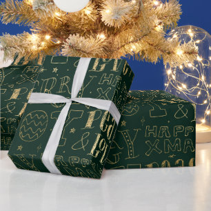 Papier Cadeau Art de mots de Noël en feuille d'or et vert élégan