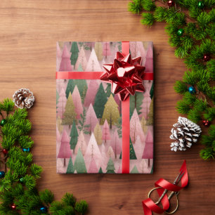 Papier Cadeau Art de Noël rose avec branches dorées