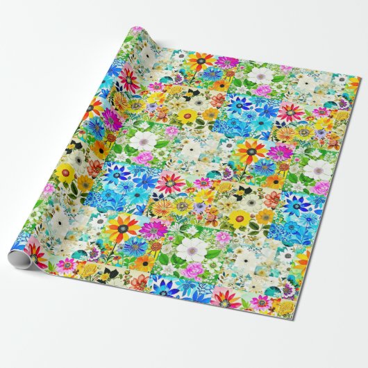 Papier Cadeau Art de patchwork floral aquarelle fleurs (Déroulé)