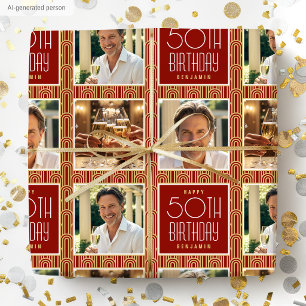 Papier Cadeau Art Déco Anniversaire Personnalisé Photo Chic Roug