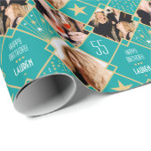 Papier Cadeau Art Déco Custom Age Nom & Photos Anniversaire Turq (Coin rond)