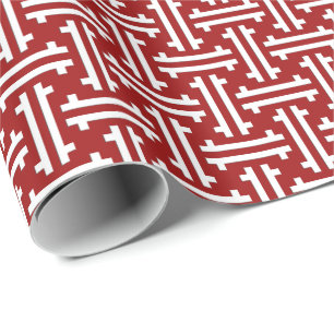 Papier Cadeau Art Déco Fret chinois, Rouge foncé et Blanc
