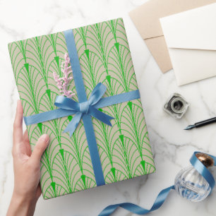 Papier Cadeau Art Déco Motif 04 - Vert chaux foncé sur blanc cas
