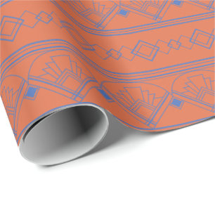 Papier Cadeau Art Déco Motif 08 - Bleu prussien sur Orange