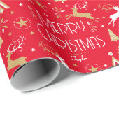 Papier Cadeau Art Déco Reindeer de Noël Nom personnalisé Red Gol (Coin rond)