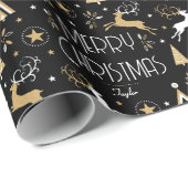 Papier Cadeau Art Déco Reinder de Noël Nom personnalisé Black Go (Coin rond)