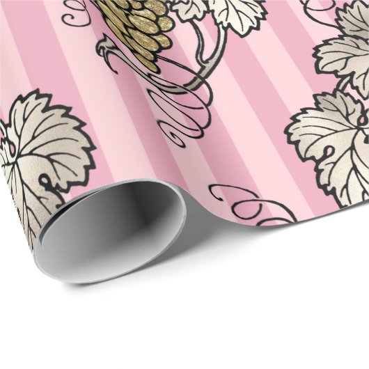Papier Cadeau Art déco rose et or Vin à thème (Coin rond)