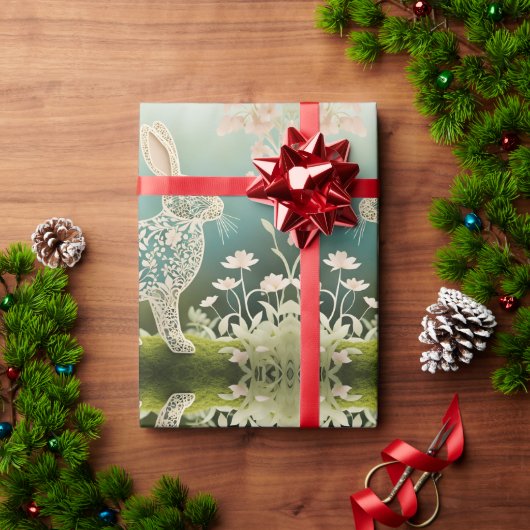 Papier Cadeau Art du printemps du lapin à fleurs blanches (Cadeau de vacances)