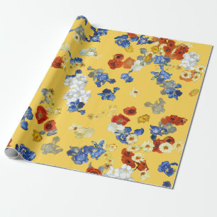 Papier Cadeau Art Moderne Fleurs Bleues Rouges Jaunes