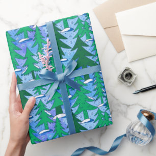 Papier Cadeau Art Naïf Forêt de Sapins Hiver Vert Bleu