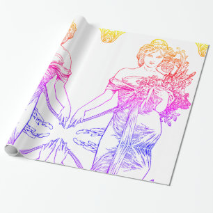 Papier Cadeau Art nouveau Alphonse Mucha femme avec fleurs