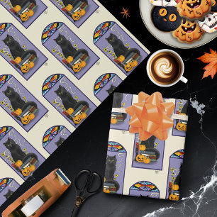 Papier Cadeau Art Nouveau Chat Noir Citrouille Violet Automne Ja