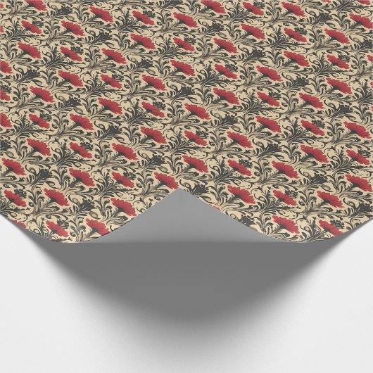 Papier Cadeau Art Nouveau Floral Rouge & Noir sur Beige (Coin)