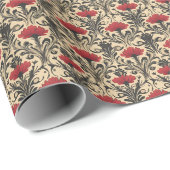 Papier Cadeau Art Nouveau Floral Rouge & Noir sur Beige (Coin rond)