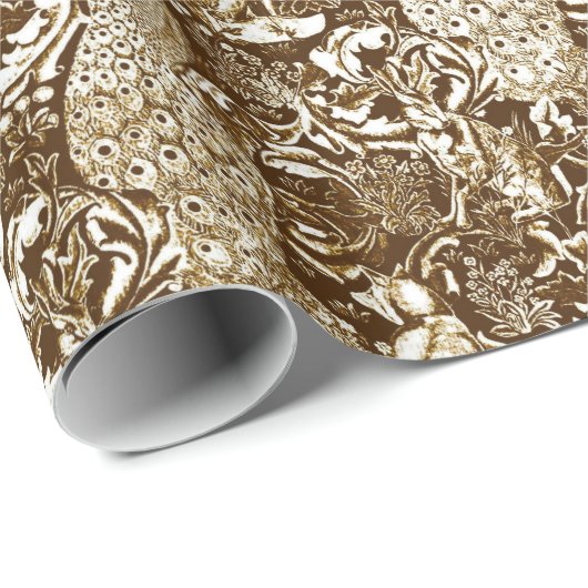 Papier Cadeau Art Nouveau Peacock Imprimer, Brown et crème (Coin rond)