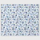 Papier Cadeau Art populaire Botanique Floral Imprimer Indigo Ble (Plat)