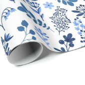 Papier Cadeau Art populaire Botanique Floral Imprimer Indigo Ble (Coin rond)